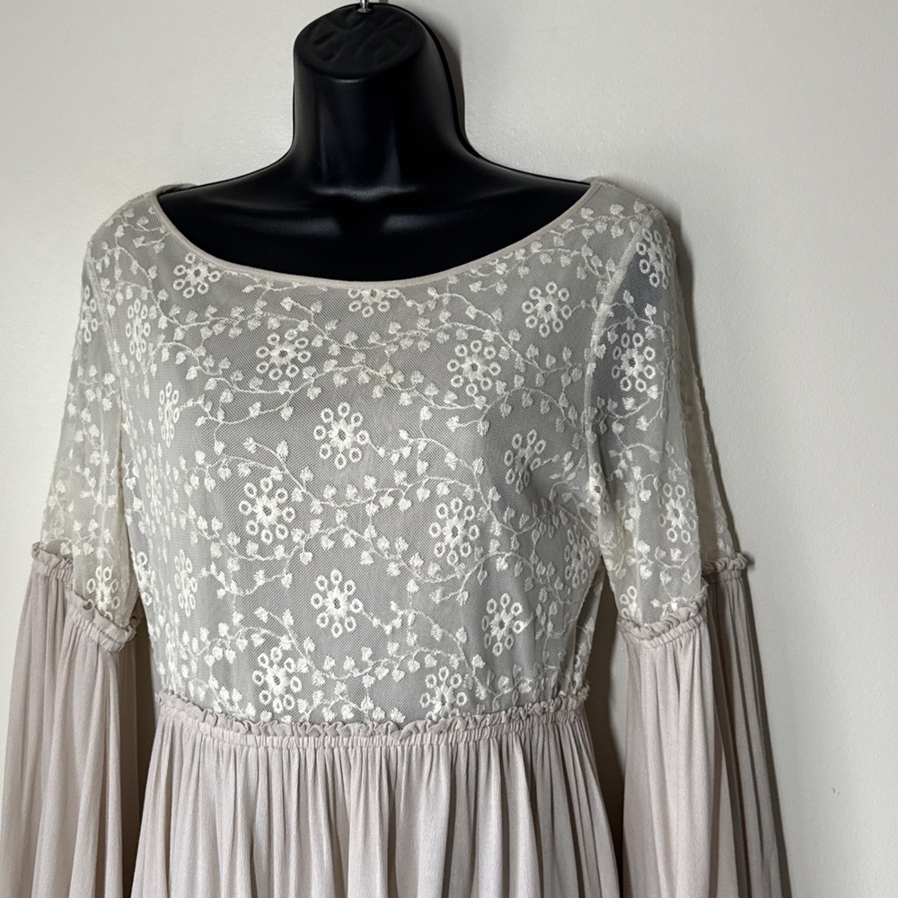 Basically Me‎ Midi Dress Flare Sleeve Ruffles Womens Size M Beige Festival Fairy